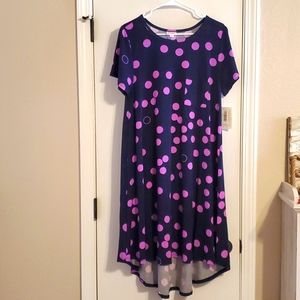 NWT LulaRoe Carly dress Women's Size LG Dark Blue/Purple dots hi-low swingdress